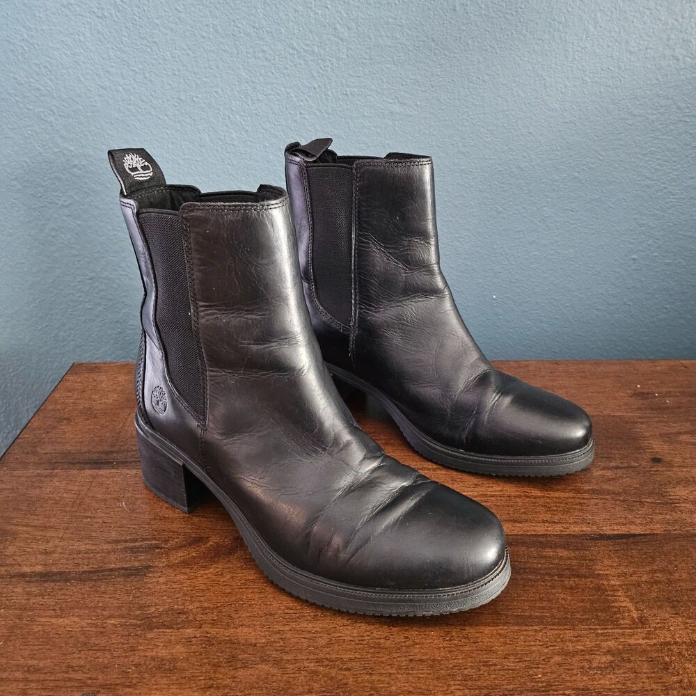 Timberland Bellevaux Leather Chelsea Boots Pull On Block Heel Black Womens 9.5